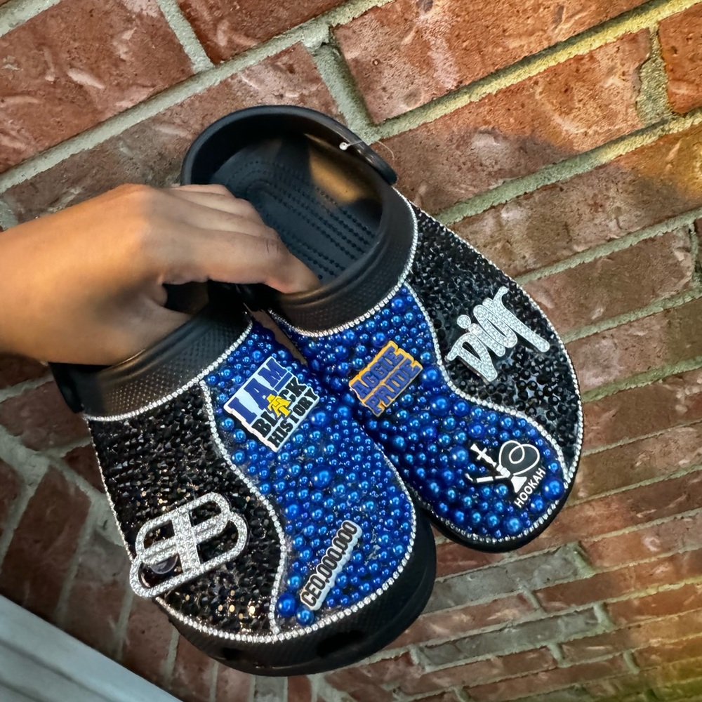 NCAT Crocs with Blue Pearls, Black Rhinestones & Designer Charms - Women's 7